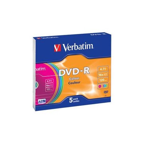 VERBATIM DVD-R COLOUR, 4.7GB, 16X, 5 PACK SLIM CASE, SUPERFICIE 5 COLORES