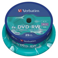 VERBATIM DVD-RW, 4.7GB, 4X, 25 PACK SPINDLE, SUPERFICIE MATT SILVER REGRABABLE