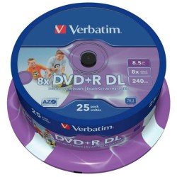VERBATIM DVD+R DOBLE CAPA, 8.5GB, 8X, 25 PACK SPINDLE, SUPERFICIE MATT INKJET PRINTABLE (21 118MM)