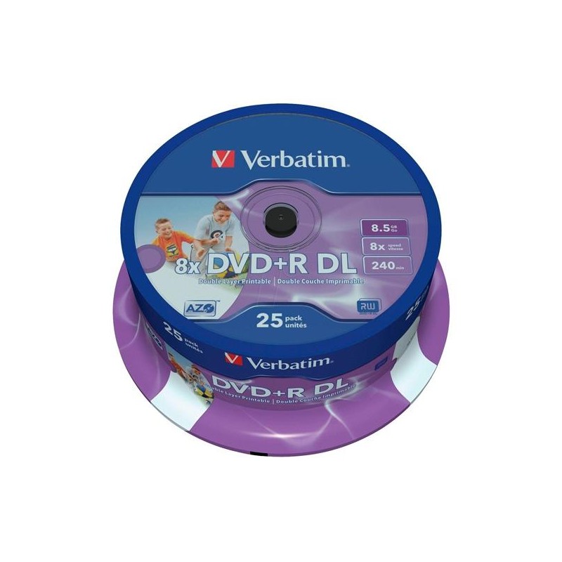 VERBATIM DVD+R DOBLE CAPA, 8.5GB, 8X, 25 PACK SPINDLE, SUPERFICIE MATT INKJET PRINTABLE (21 118MM)