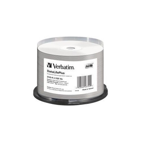 VERBATIM DVD-R, 4,7GB, 16X, 50 PACK SPINDLE, DATALIFE PLUS WIDE INKJET PRINTABLE PROFESSIONAL