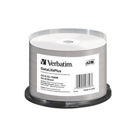 VERBATIM CD-R, 700MB, 52X, DATALIFEPLUS WIDE THERMAL PROFESSIONAL 50 PACK SPINDLE - NO ID BRAND (PRINT AREA: 23-118MM)