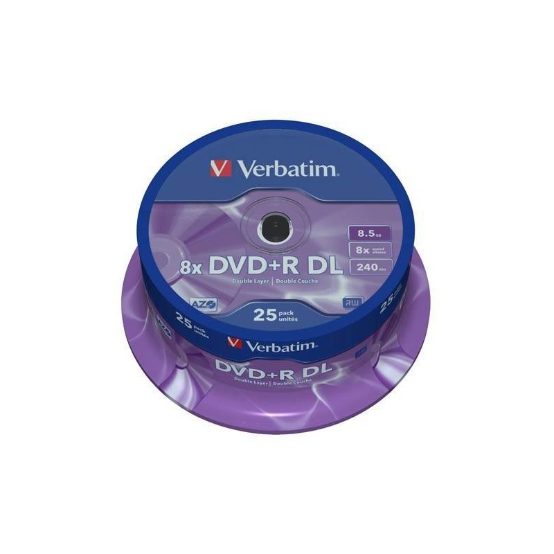 VERBATIM DVD+R DOBLE CAPA, 8.5GB, 8X, 25 PACK SPINDLE, SUPERFICIE MATT SILVER