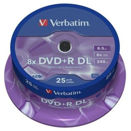 VERBATIM DVD+R DOBLE CAPA, 8.5GB, 8X, 25 PACK SPINDLE, SUPERFICIE MATT SILVER