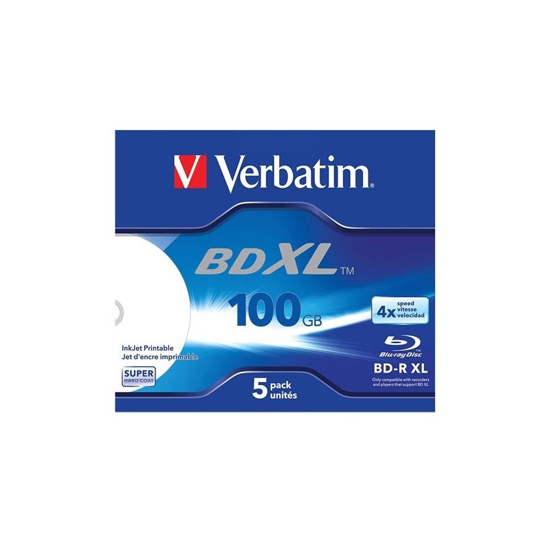 VERBATIM BD-R XL BLU-RAY 100GB 4X SPEED DATALIFE WHITE INKJET PRINTABLE - 5 EN CAJA JEWEL