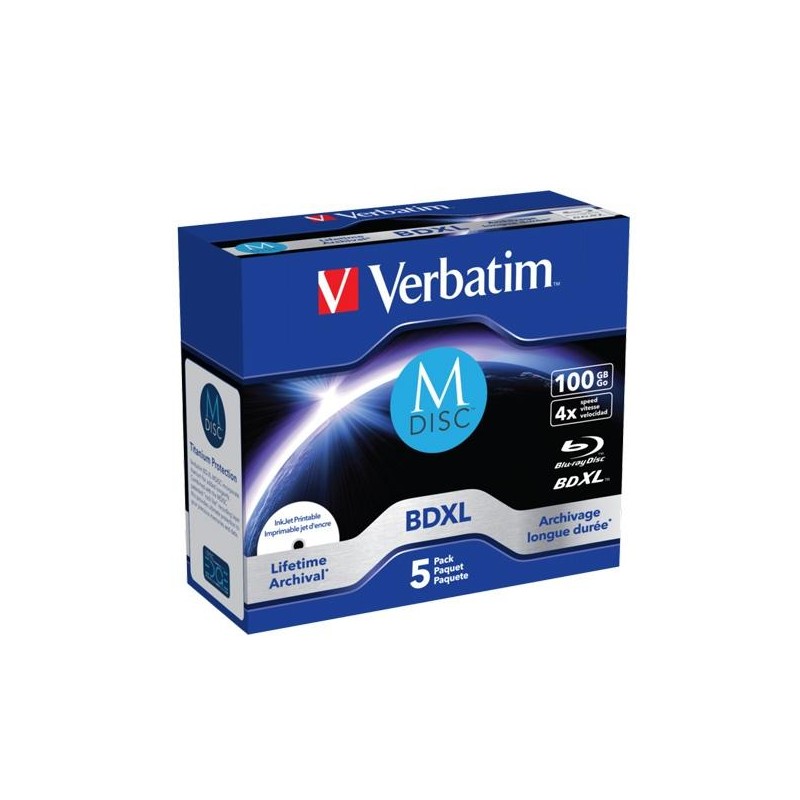 VERBATIM BDXL MDISC BLU-RAY 100GB 4X SPEED DATALIFE WHITE BLUE SURFACE- 5 PACK
