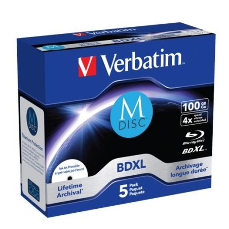VERBATIM BDXL MDISC BLU-RAY 100GB 4X SPEED DATALIFE WHITE BLUE SURFACE- 5 PACK
