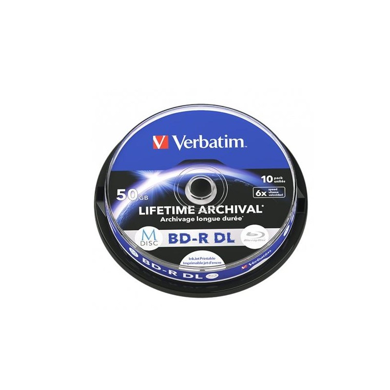 VERBATIM BD-R DL MDISC BLU-RAY 50GB 6X SPEED DATALIFE WHITE BLUE SURFACE -10 PACK