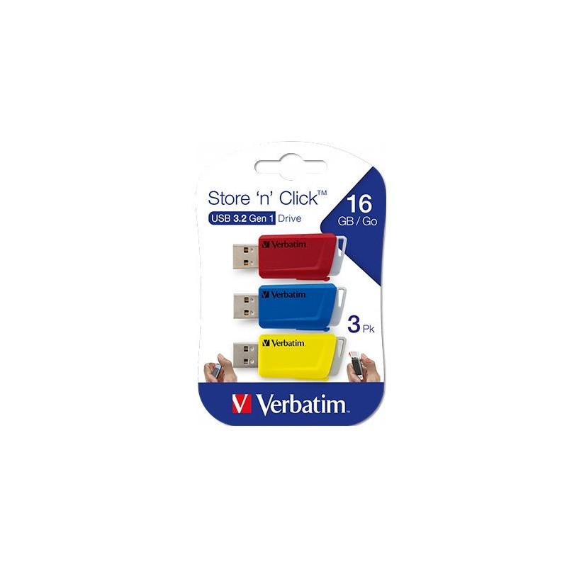 VERBATIM PENDRIVE STORE´N´CLICK 16GB USB 3.2 C/RANURA PARA COLGAR COLORES SURTIDOS -MULTIPACK 3U-