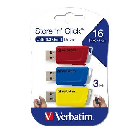 VERBATIM PENDRIVE STORE´N´CLICK 16GB USB 3.2 C/RANURA PARA COLGAR COLORES SURTIDOS -MULTIPACK 3U-