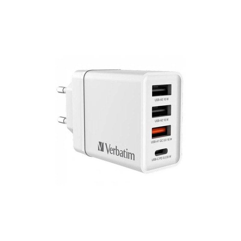 VERBATIM CARGADOR PARED GAN 30W 1XUSB-C PD/1XUSB-A 3.0/2XUSB-A