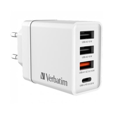 VERBATIM CARGADOR PARED GAN 30W 1XUSB-C PD/1XUSB-A 3.0/2XUSB-A