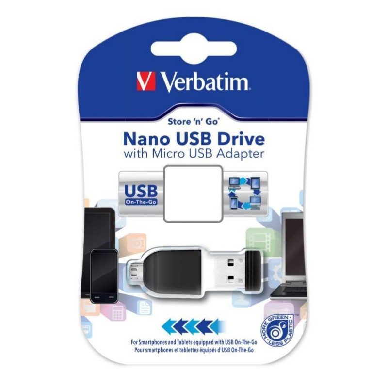 VERBATIM PENDRIVE NANO ON-THE-GO 16GB USB 2.0 OTG CON ADAPTADOR MICRO USB NEGRO