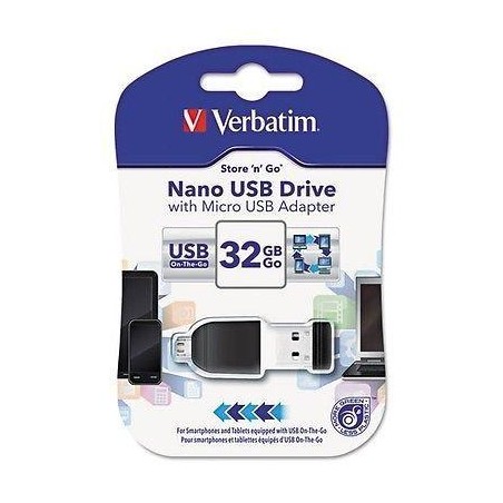 VERBATIM PENDRIVE NANO ON-THE-GO 32GB USB 2.0 OTG CON ADAPTADOR MICRO USB NEGRO