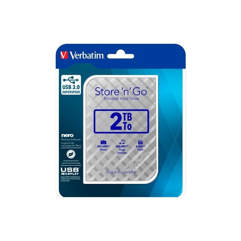 VERBATIM DISCO DURO PORTÁTIL STORE 'N' GO 2TB HDD 2.5" USB 3.0 PLATA