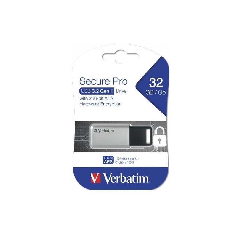 VERBATIM PENDRIVE SECURE PRO 32GB RETRÁCTIL USB 3.2 HARDWARE ENCRYPTION PLATA