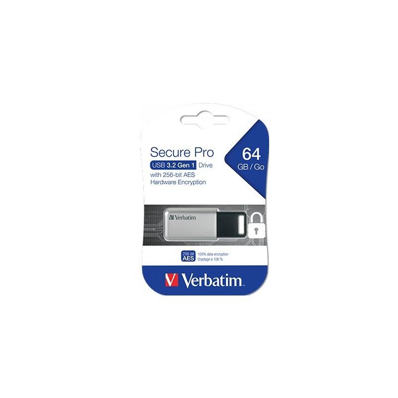 VERBATIM PENDRIVE SECURE PRO 64GB RETRÁCTIL USB 3.2 HARDWARE ENCRYPTION PLATA