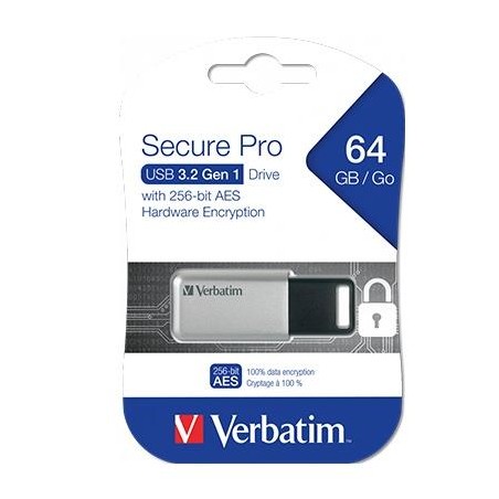 VERBATIM PENDRIVE SECURE PRO 64GB RETRÁCTIL USB 3.2 HARDWARE ENCRYPTION PLATA