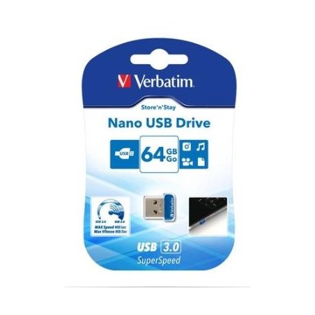 VERBATIM PENDRIVE NANO STORE'N'STAY 64GB SUPER SPEED USB 3.0 AZUL