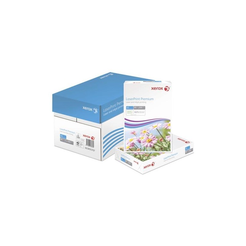 XEROX PAPEL LASERPRINT PREMIUM, PASTA QUÍMICA ECF, 90G/M2, 420MM X 297MM, A3, FIBRA AL LADO CORTO, 500 HOJAS/PAQ, 70 % PEFC CERT