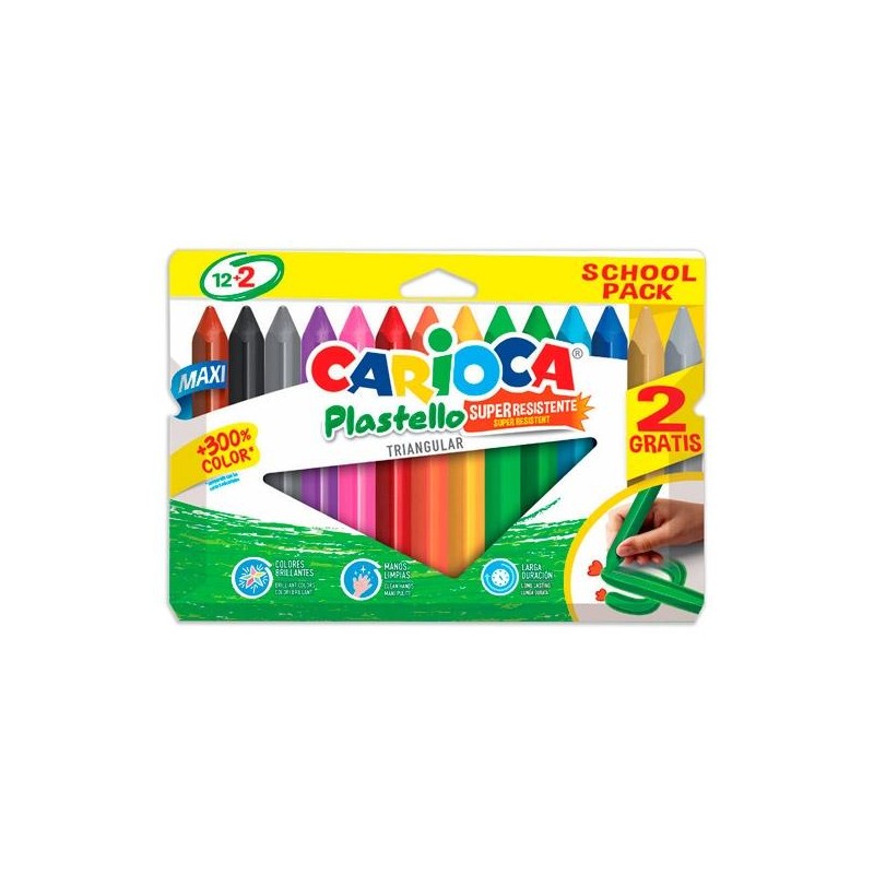 CARIOCA CERAS PLASTELLO SUPER RESISTENTES TRIANGULAR MAXI COLORES SURTIDOS ESTUCHE 12+2 UD