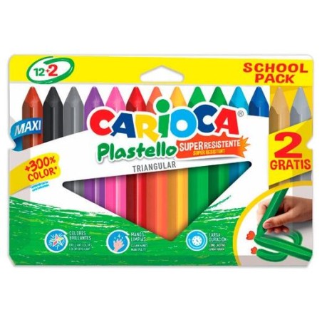 CARIOCA CERAS PLASTELLO SUPER RESISTENTES TRIANGULAR MAXI COLORES SURTIDOS ESTUCHE 12+2 UD