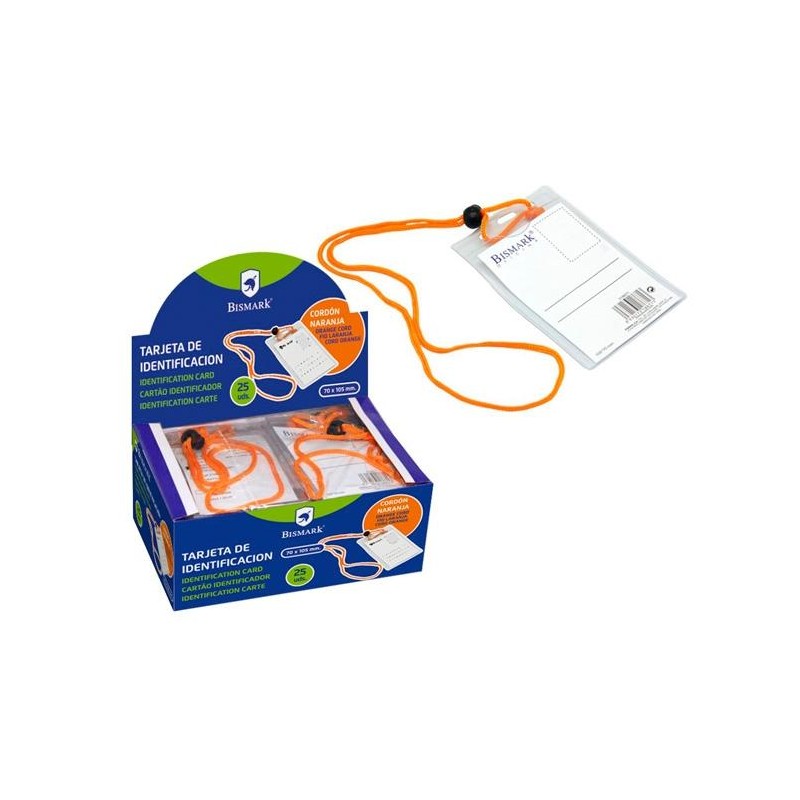 BISMARK TARJETA DE IDENTIFICACIÓN VERTICAL 70X105 MM C/CORDÓN NARANJA -25U-
