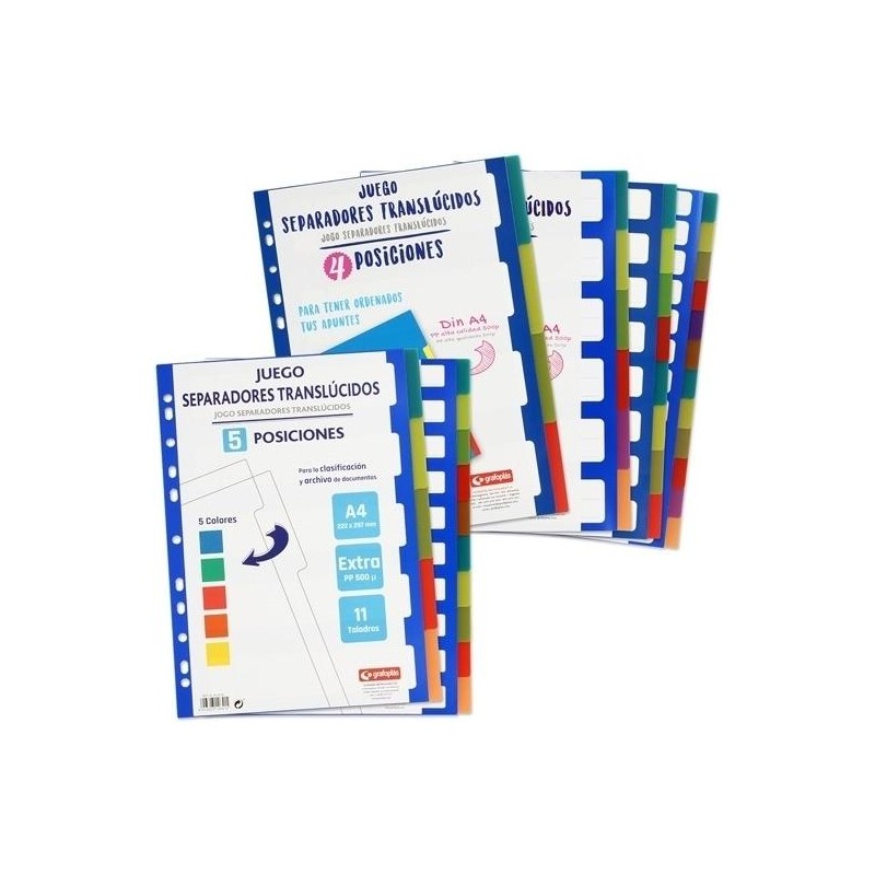 GRAFOPLAS SEPARADORES MULTITALADRO PP TRANSLÚCIDO EXTRA 6 POSICIONES 11 TALADROS A4 SURTIDOS