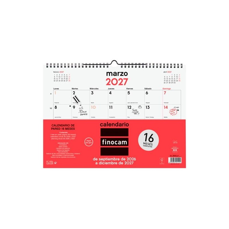 FINOCAM CALENDARIO DE PARED 16 MESES PARA ESCRIBIR L-340X240MM MV NEUTRO 2026-2027
