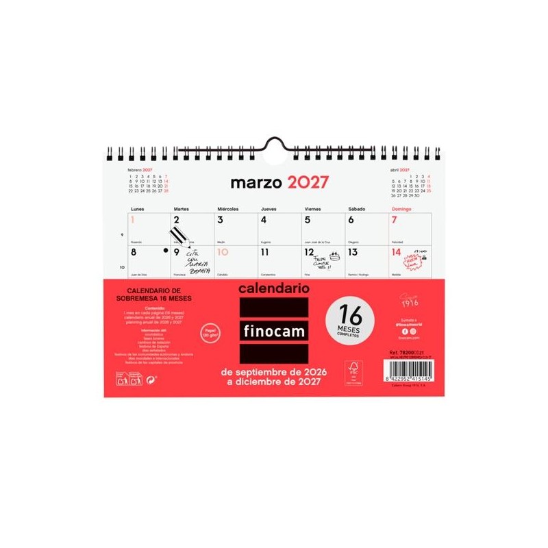 FINOCAM CALENDARIO DE PARED 16 MESES PARA ESCRIBIR S-210X150MM MV NEUTRO 2026-2027