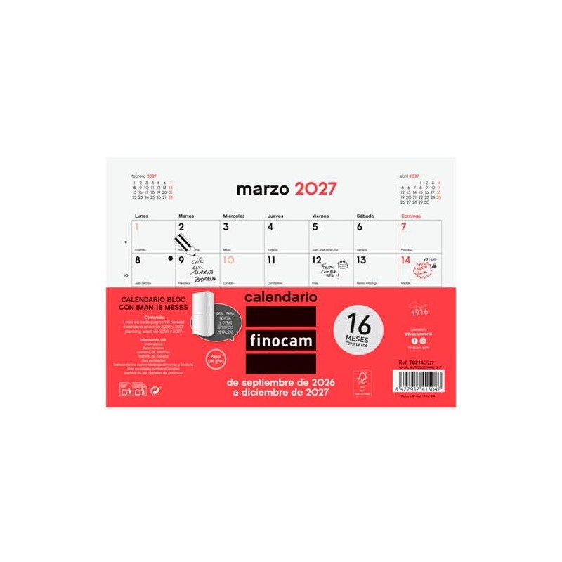 FINOCAM CALENDARIO BLOC CON IMÁN 16 MESES PARA ESCRIBIR S-210X150MM NEUTRO 2026-2027