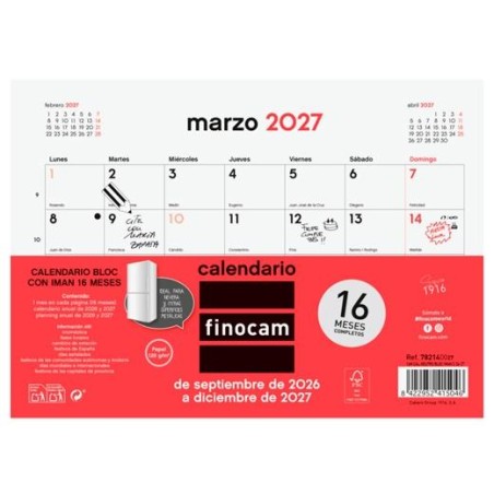 FINOCAM CALENDARIO BLOC CON IMÁN 16 MESES PARA ESCRIBIR S-210X150MM NEUTRO 2026-2027