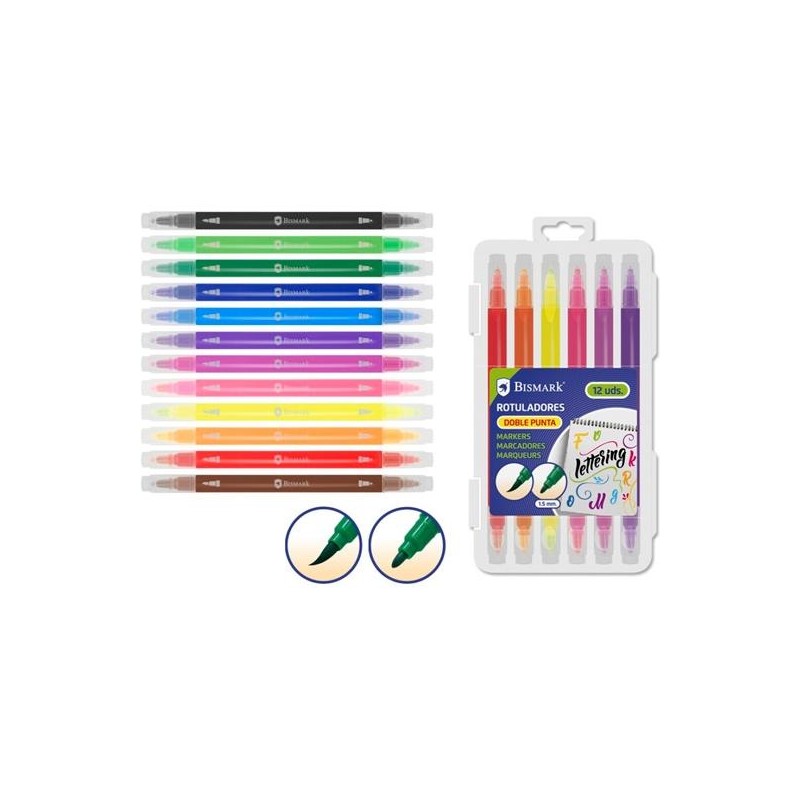 BISMARK ROTULADORES LETTERING DOBLE PUNTA MEDIA/PINCEL C/SURTIDOS ESTUCHE 12 UD