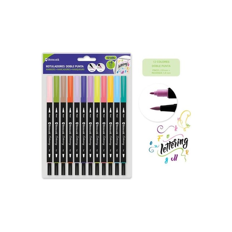 BISMARK ROTULADORES LETTERING DOBLE PUNTA FINA/PINCEL C/SURTIDOS ESTUCHE 12 UD