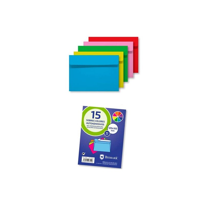 BISMARK SOBRE DE PAPEL AUTOADHESIVO 90GR 120X165MM COLORES 15 SOBRES SURTIDOS