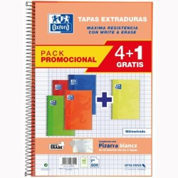OXFORD CUADERNO ESPIRAL WRITE&ERASE 80H FOLIO MILIMETRADO C/MARGEN T/EXTRADURA PACK 4+1 C/SURTIDOS VIVOS