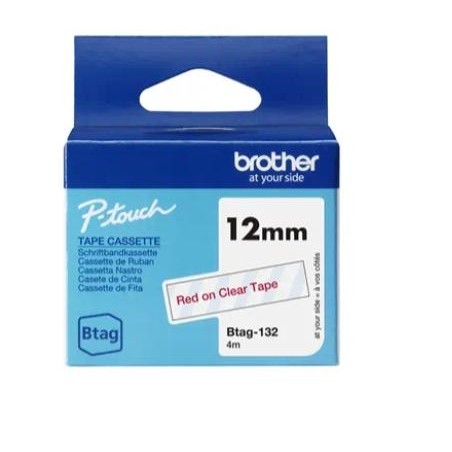 BROTHER CINTA DOMÉSTICA BTAG ROJO SOBRE TRANSPARENTE - PTN10, PTN20, PTN25BT - 12MMX4M