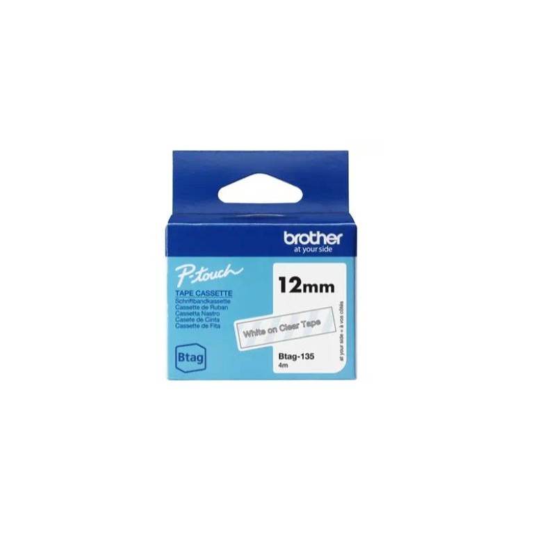 BROTHER CINTA DOMÉSTICA BTAG BLANCO SOBRE TRANSPARENTE - PTN10, PTN20, PTN25BT - 12MMX4M