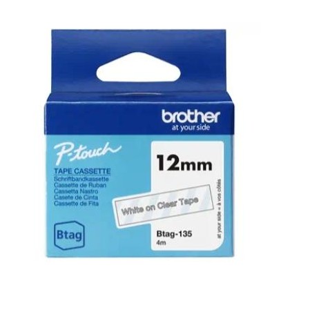 BROTHER CINTA DOMÉSTICA BTAG BLANCO SOBRE TRANSPARENTE - PTN10, PTN20, PTN25BT - 12MMX4M