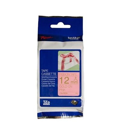 BROTHER CINTA ROTULADORA TELA SATINADA NO ADHESIVO TEXTO DORADO SOBRE TEJIDO ROSA - 12MMX4M