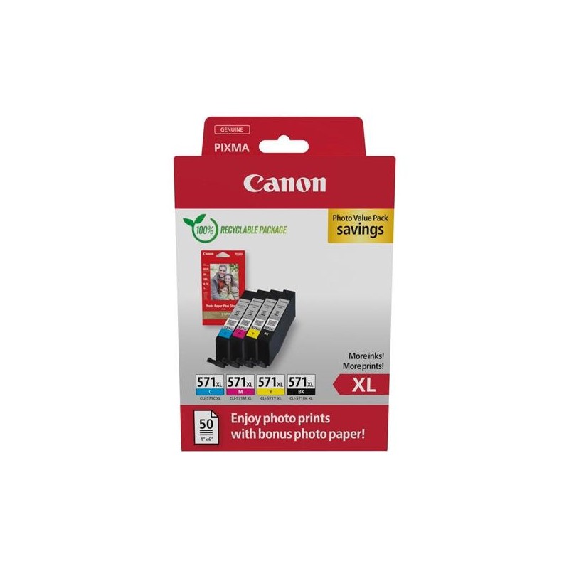 CANON TINTA ECOPACK BK+ C/M/Y +50H PAPEL FOTO 10X15 GLOSSY II PARA PIXMA TS 5051/5053/5055/6050/6051/6052/8051/8052/9050/9055 -