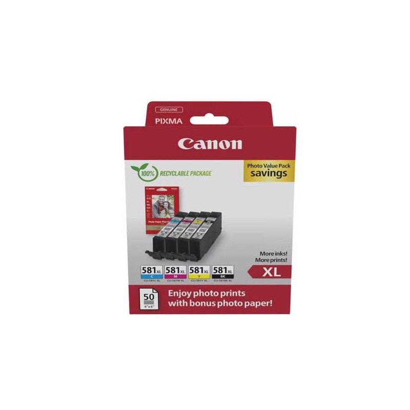 CANON TINTA ECOPACK BK+C/M/Y + 50H PAPEL FOTOGRAFICO - PIXMA TS 615X/815X/915X - TR 755X/855X - CLI 581XL (PACK 4 COLORES)