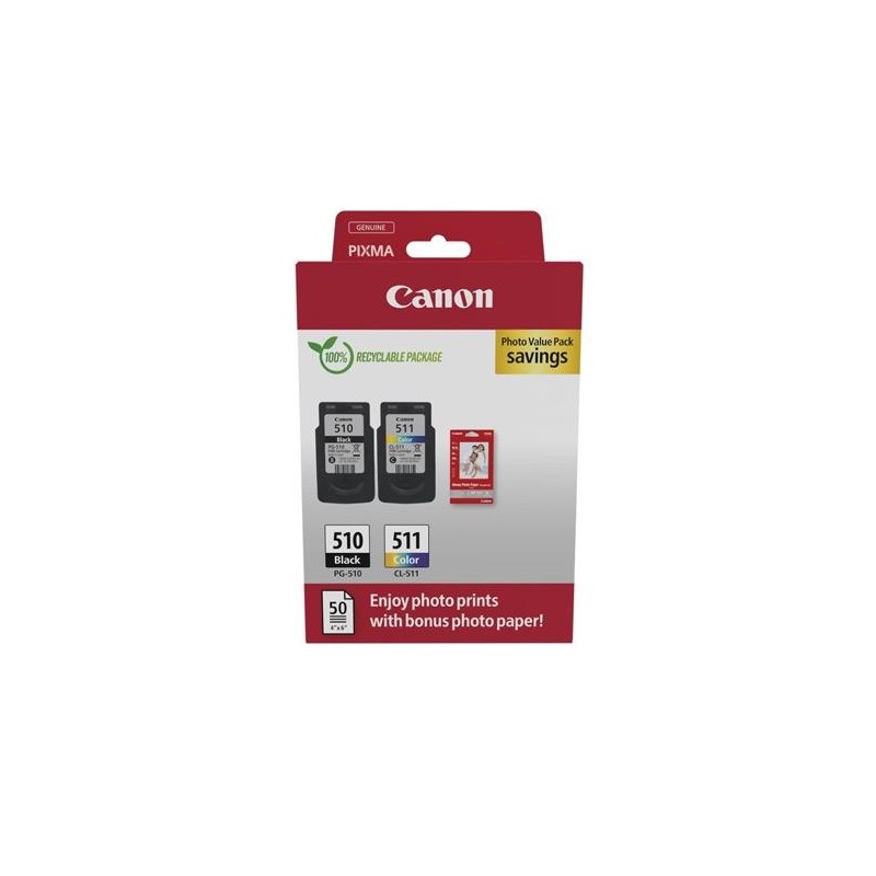 CANON TINTA ECOPACK BK+ C/M/Y + 50H PAPEL FOTOGRÁFICO 10X15 FOR PIXMA IP 2700 - MP 230/252/272/280/282/492/495/499 - MX 360/410/