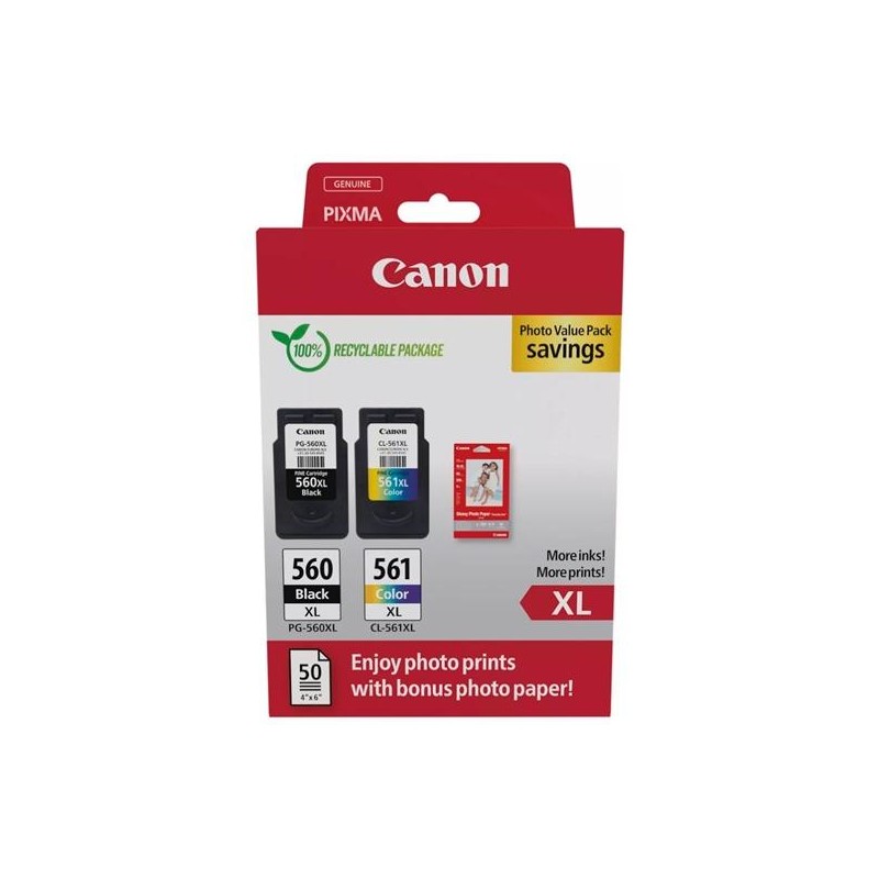 CANON TINTA ECOPACK BK+ C/M/Y + 50H PAPEL FOTOGRÁFICO 10X15 PARA PIXMA TS 5350/5351/5352/5353/7450 - PG 560XL + CL 561XL
