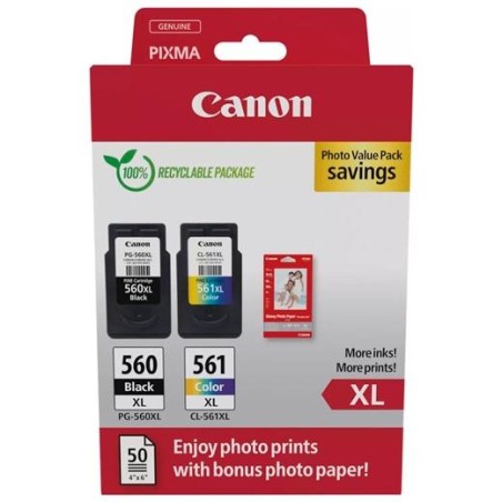 CANON TINTA ECOPACK BK+ C/M/Y + 50H PAPEL FOTOGRÁFICO 10X15 PARA PIXMA TS 5350/5351/5352/5353/7450 - PG 560XL + CL 561XL
