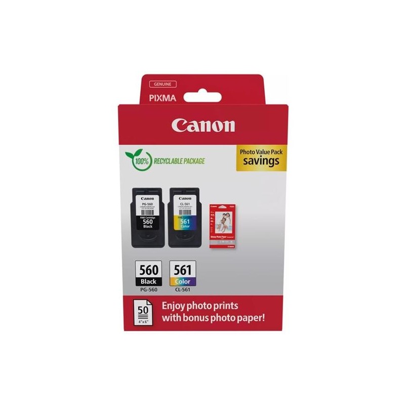 CANON TINTA ECOPACK BK+C/M/Y + 50H PAPEL FOTOGRÁFICO 10X15 BRILLANTE GP 501 PIXMA TS 5350/5350A/5350I/5351/5351A - PG 560 + CL 5
