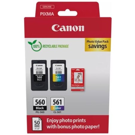 CANON TINTA ECOPACK BK+C/M/Y + 50H PAPEL FOTOGRÁFICO 10X15 BRILLANTE GP 501 PIXMA TS 5350/5350A/5350I/5351/5351A - PG 560 + CL 5