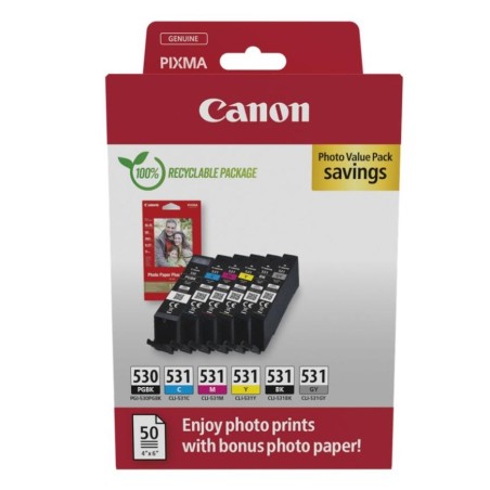 CANON TINTA ECOPACK BK/PGBK/C/M/Y/GY + 50H PAPEL FOTOGRAFICO 10X15 - PGI 530+CLI 531 (PACK 6 COLORES)