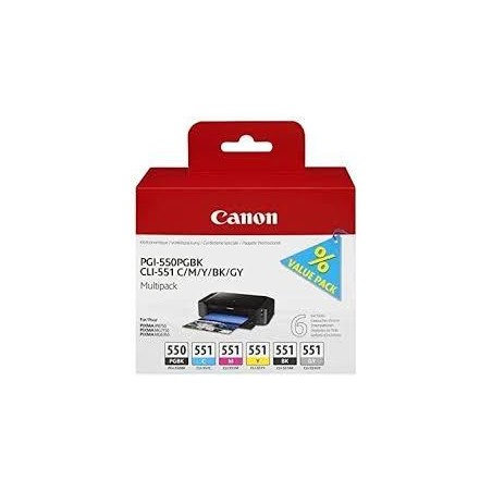 CANON TINTA MULTIPACKPACK PGBK+C/M/Y/BK/GY PIXMA IP 7240/7250 - PGI 550 + CLI 551 (PACK 6 COLORES)