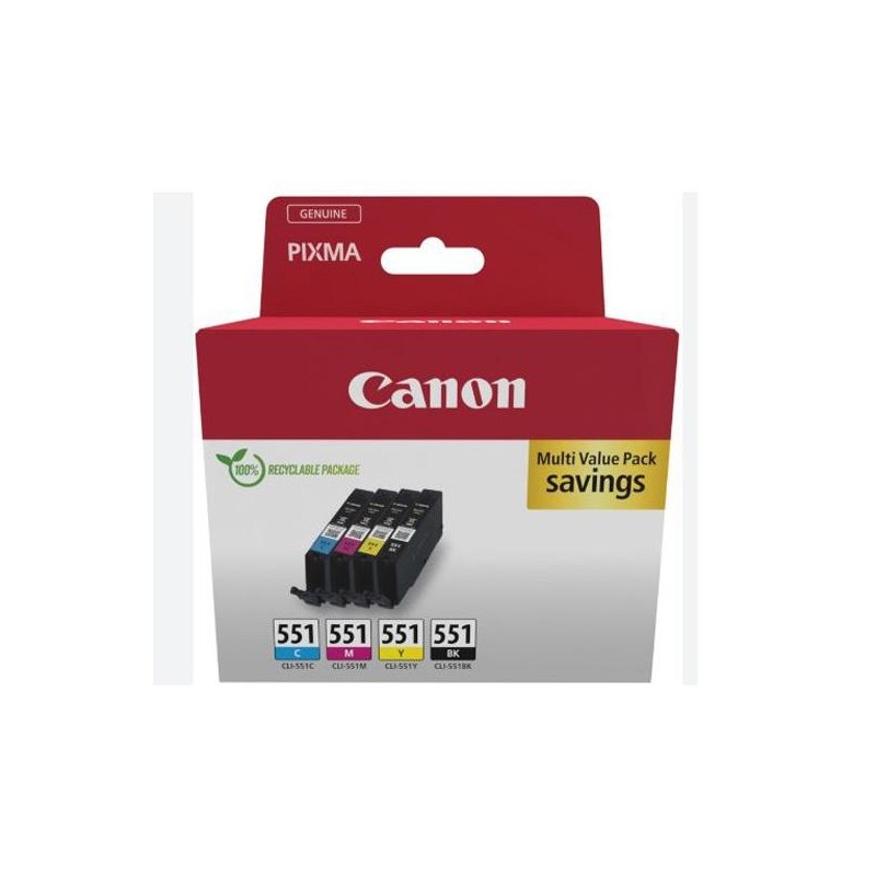 CANON TINTA ECOPACK BK+C/M/Y MAXIFY MG 5550/5650/6650/7550 - IP 8750 - IX 6850 - MX 725 - PIXUS MG 7550 - CLI 551